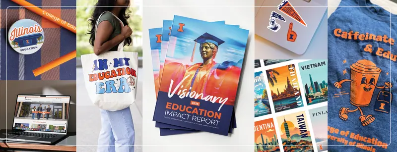 Collection of images that Marketing has produced, including the Impact Report, laptop stickers, merchandise, and posters.